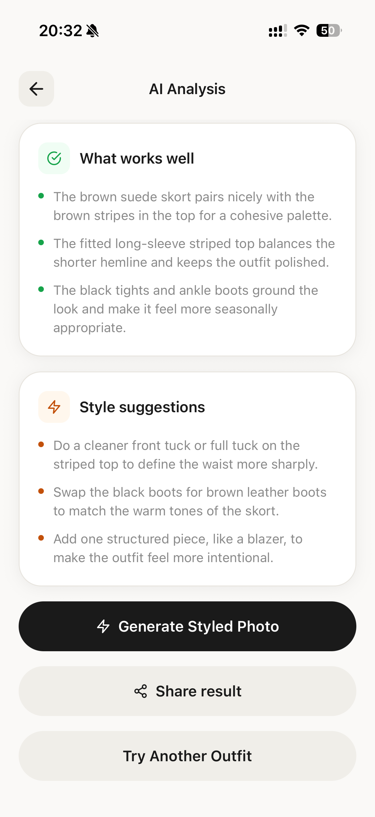AI style analysis breakdown with outfit score and suggestions