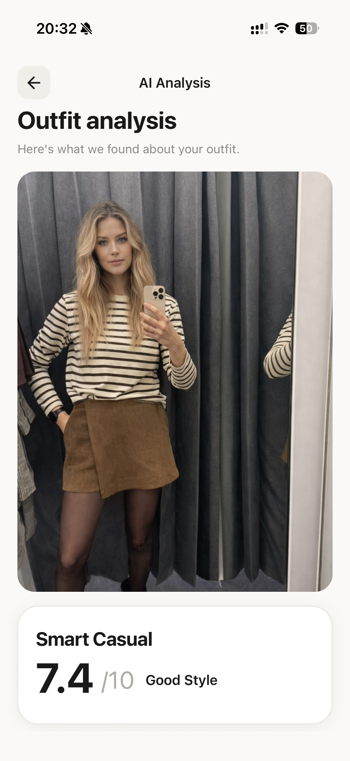 Styleday outfit analysis results showing style score and AI feedback
